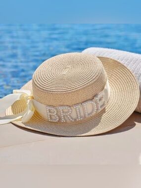 Macy's Cream Straw Sun Hat with Pearl BRIDE Letters